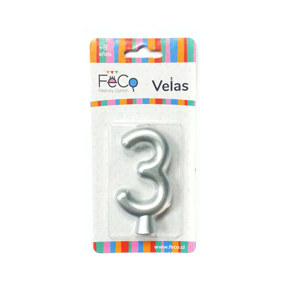 Vela Numeral Plateado Nº 3 x24 uni