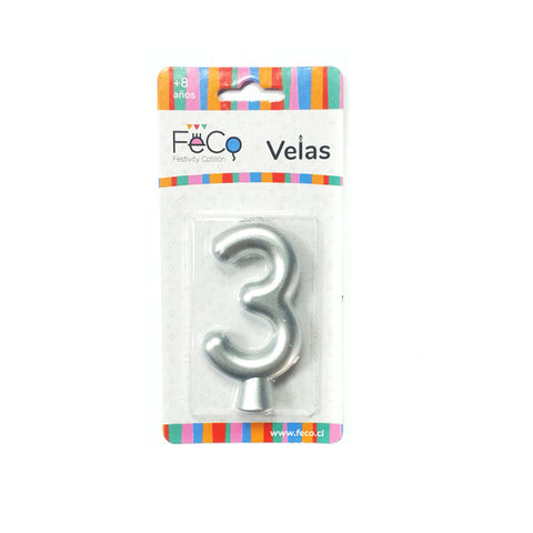 Vela Numeral Plateado Nº 3 x24 uni