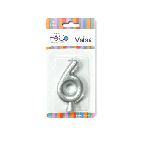 Vela Numeral Plateado Nº 6 x24 uni