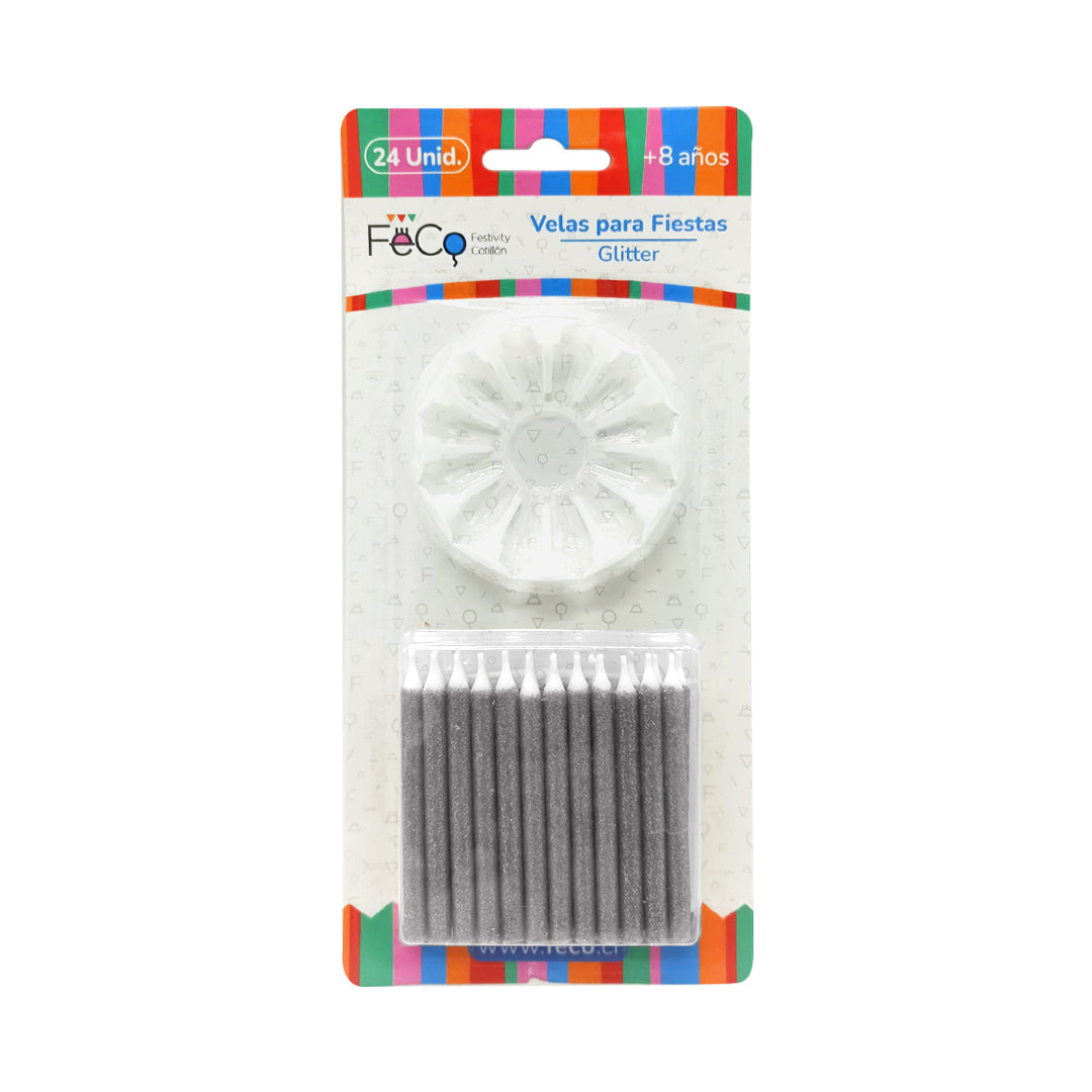 Vela Glitter Plateado x24 Pcs x24 uni