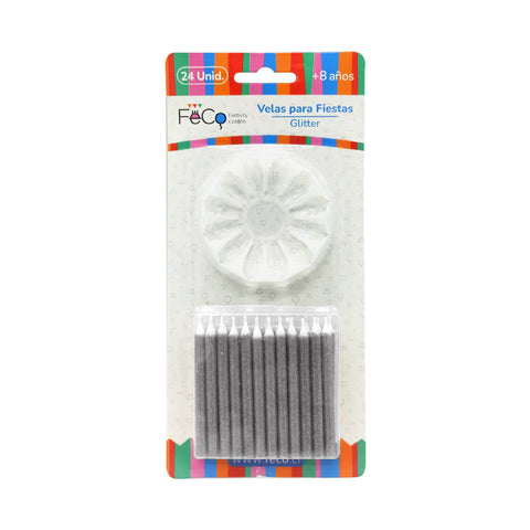 Vela Glitter Plateado x24 Pcs x24 uni