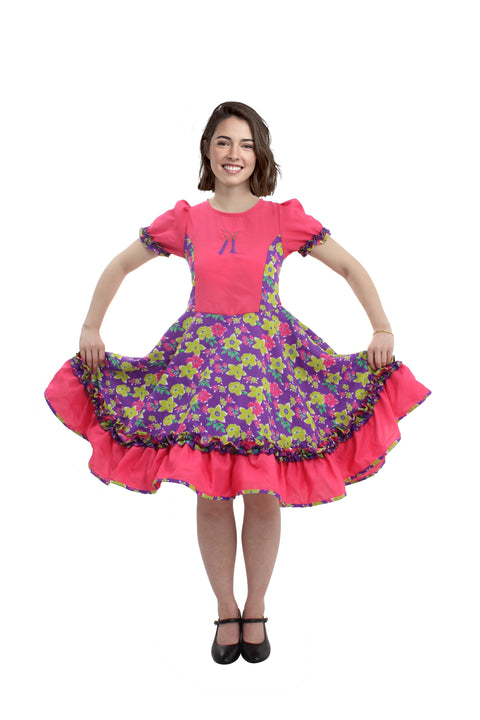 Vestido Huasa Chinita Floreado Fucsia/Lila Adultos