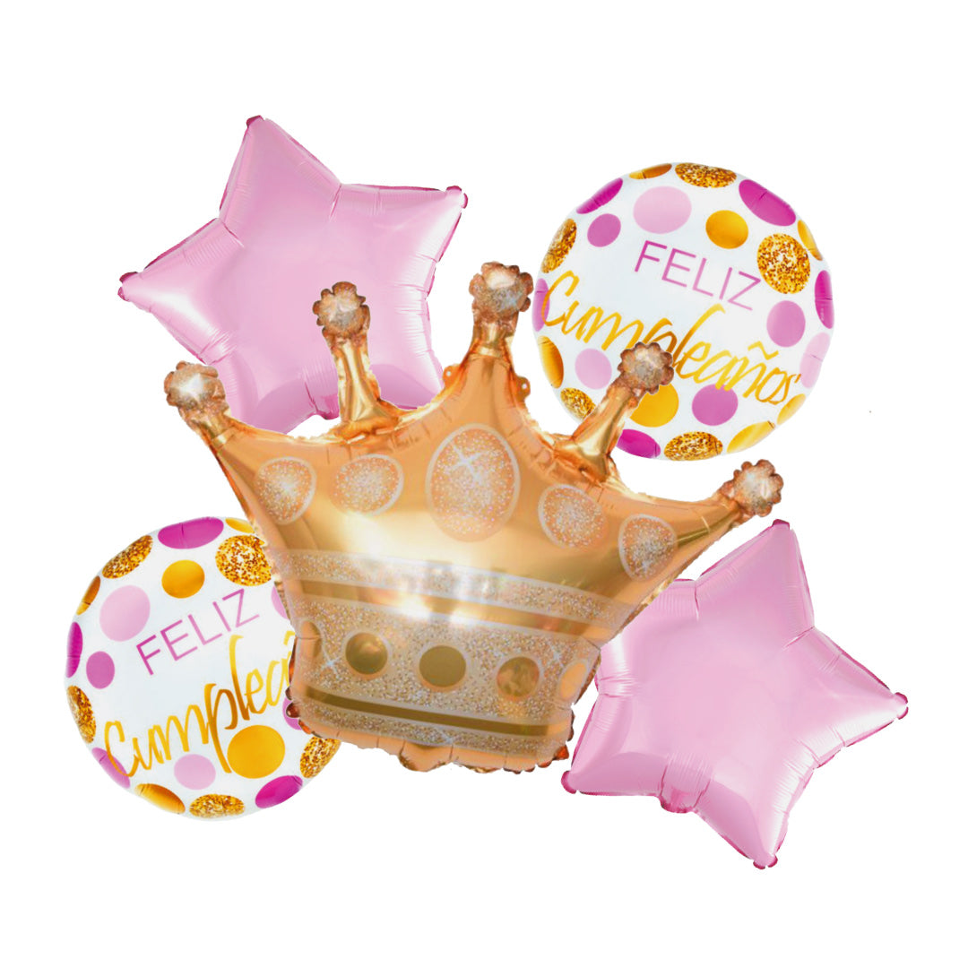 Set 5 Globo Feliz Cumple Corona Rosado X1uni
